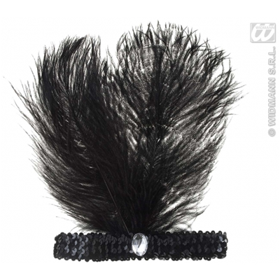 FASCIA CHARLESTON NERA IN PAILLETTE CON 2 PIUME E GEMMA