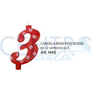 CANDELINA MAXI PER TORTA SAGOMATA NUMERO 3 POIS ROSSA CM. 10 FESTE E PARTY
