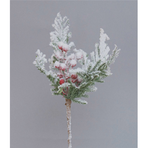 RAMETTO NATALE PVC CON BACCHE ROSSE E RAMI VERDI INNEVATI 20 CM. 